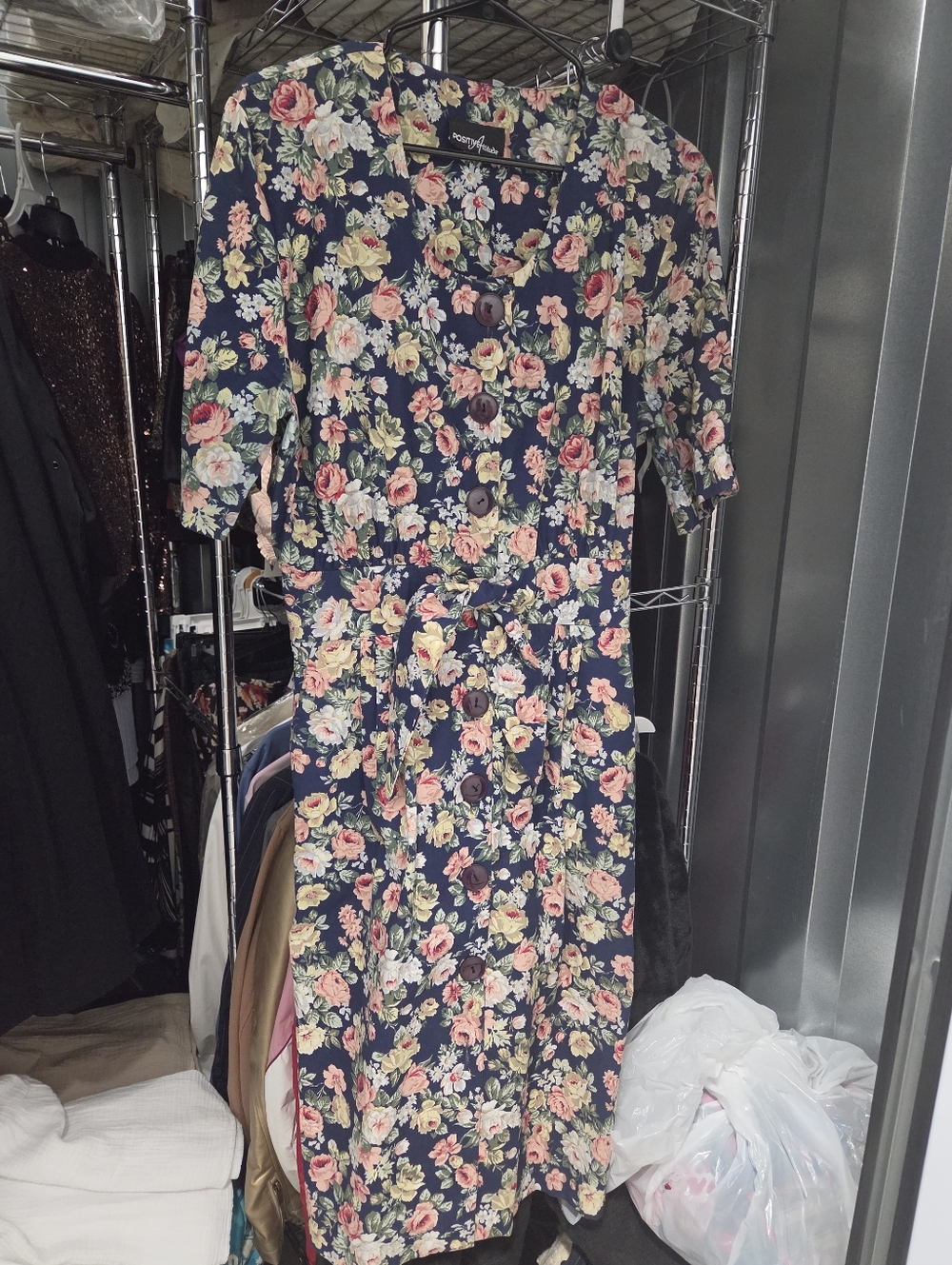 Vintage Cotton 90s Floral Button-Front Midi Dress - Navy/Pink
